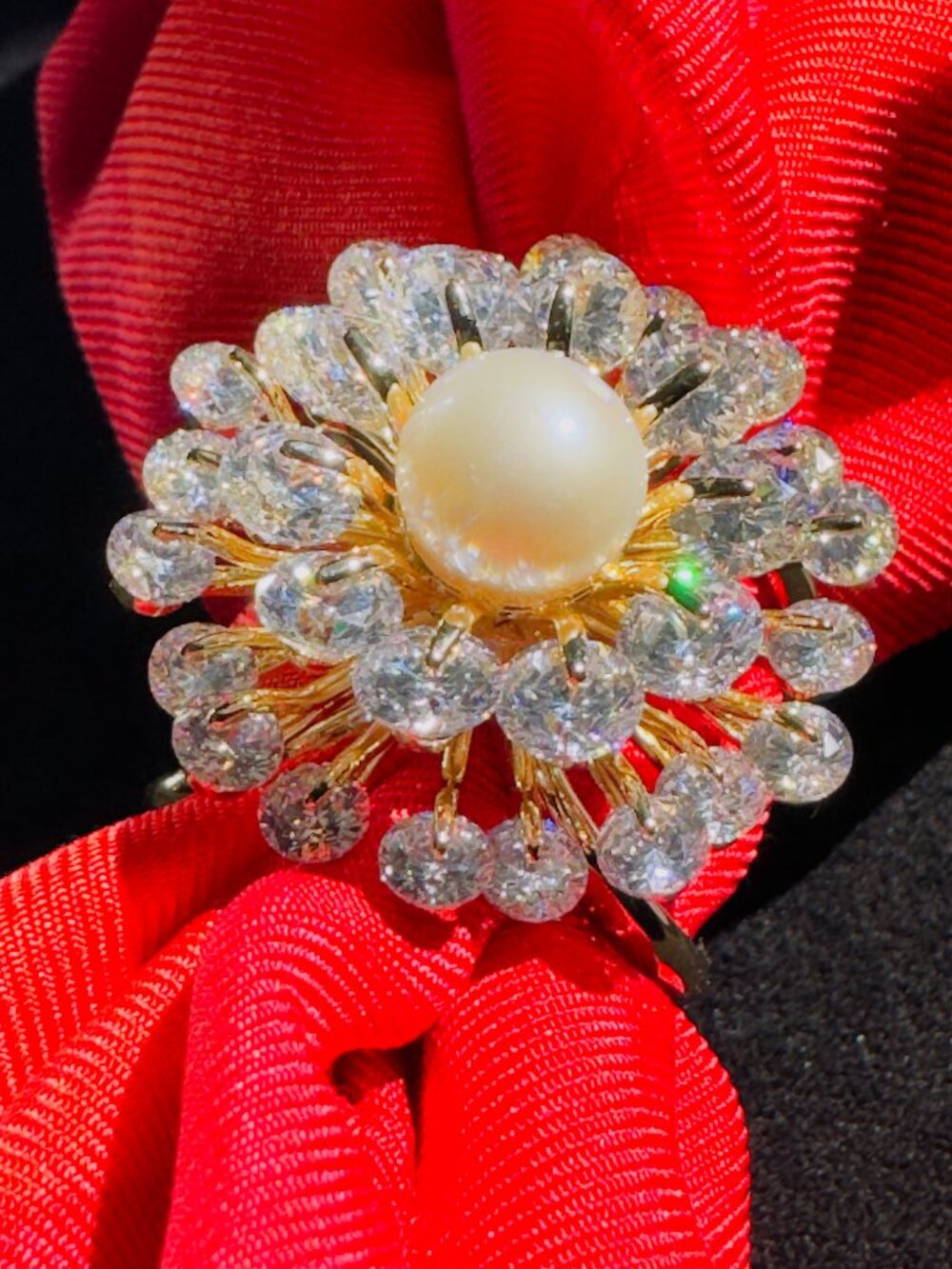 Sparkling CZ Flower Scarf Ring Pearl Center 2-in-1